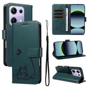 For Redmi Note 13 Pro 4G / 14S 4G Adorable Cat Embossed Pattern Flip Leather Phone Case(Dark Green)