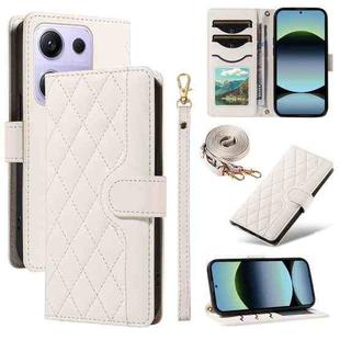 For Xiaomi Poco M6 Pro 4G Global Three Card Slot Diamond Grid  Leather Phone Case with Long / Short Straps(White)