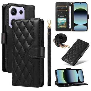 For Xiaomi Poco M6 Pro 4G Global Three Card Slot Diamond Grid  Leather Phone Case with Long / Short Straps(Black)