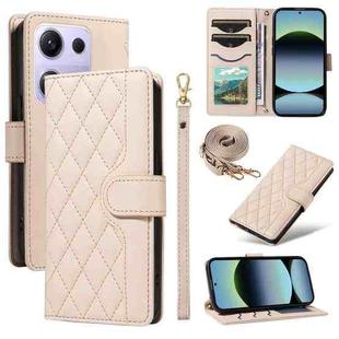For Xiaomi Poco M6 Pro 4G Global Three Card Slot Diamond Grid  Leather Phone Case with Long / Short Straps(Beige)