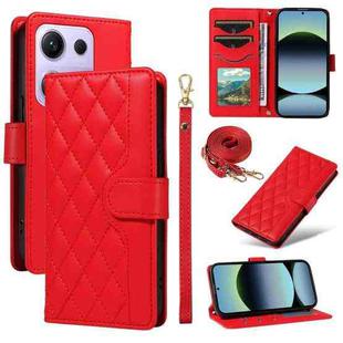 For Xiaomi Poco M6 Pro 4G Global Three Card Slot Diamond Grid  Leather Phone Case with Long / Short Straps(Red)