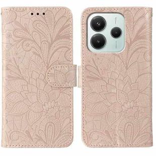 For Redmi Note 14 5G Global Lace Flower Embossing Flip Leather Phone Case(Rose Gold)