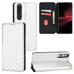 For Sony Xperia 1 III Cubic Grid Texture Flip Leather Phone Case(Silver)