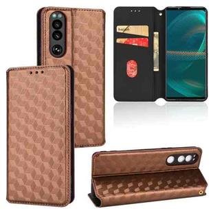 For Sony Xperia 5 III Cubic Grid Texture Flip Leather Phone Case(Brown)