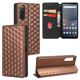 For Sony Xperia 10 V Cubic Grid Texture Flip Leather Phone Case(Brown)