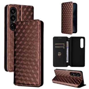 For Sony Xperia 1 VII Cubic Grid Texture Flip Leather Phone Case(Brown)