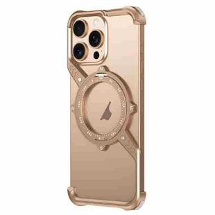 For iPhone 14 Pro S Shaped 360 Holder Airbag Frameless MagSafe Metal Phone Case(Desert Gold)