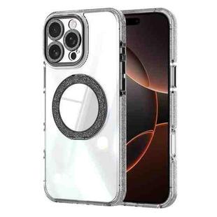 For iPhone 16 Pro Max Transparent Glitter Mirror Rotating Holder Phone Case(Black)