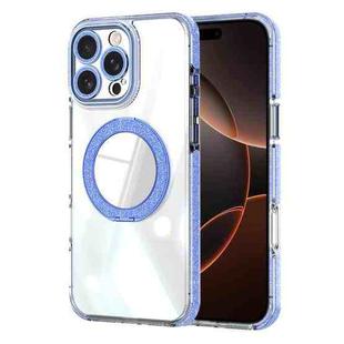 For iPhone 16 Pro Transparent Glitter Mirror Rotating Holder Phone Case(Blue)