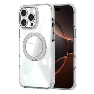 For iPhone 16 Pro Transparent Glitter Mirror Rotating Holder Phone Case(Silver)