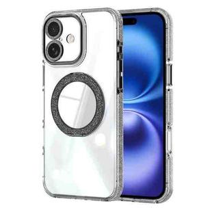For iPhone 16 Transparent Glitter Mirror Rotating Holder Phone Case(Black)