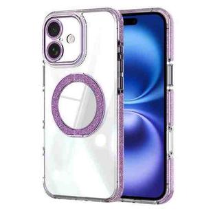 For iPhone 16 Transparent Glitter Mirror Rotating Holder Phone Case(Purple)