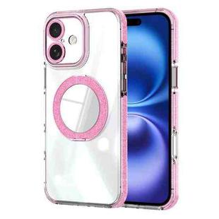 For iPhone 16 Transparent Glitter Mirror Rotating Holder Phone Case(Pink)