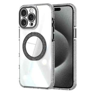 For iPhone 15 Pro Max Transparent Glitter Mirror Rotating Holder Phone Case(Black)