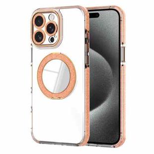 For iPhone 15 Pro Max Transparent Glitter Mirror Rotating Holder Phone Case(Orange)