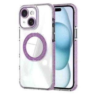 For iPhone 15 Transparent Glitter Mirror Rotating Holder Phone Case(Purple)