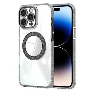 For iPhone 14 Pro Transparent Glitter Mirror Rotating Holder Phone Case(Black)