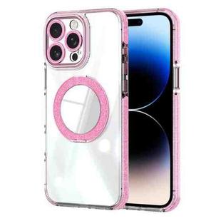 For iPhone 14 Pro Transparent Glitter Mirror Rotating Holder Phone Case(Pink)