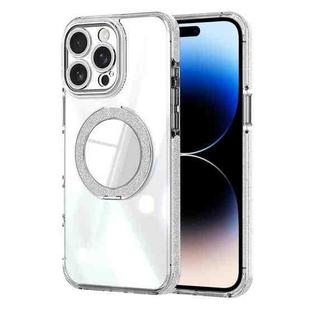 For iPhone 14 Pro Max Transparent Glitter Mirror Rotating Holder Phone Case(Silver)