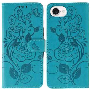 For iPhone 16e Rose Butterfly Embossed Leather Phone Case(Blue)