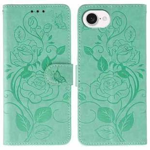 For iPhone 16e Rose Butterfly Embossed Leather Phone Case(Green)
