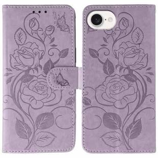 For iPhone 16e Rose Butterfly Embossed Leather Phone Case(Purple)