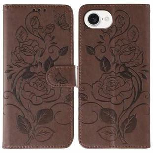 For iPhone 16e Rose Butterfly Embossed Leather Phone Case(Brown)