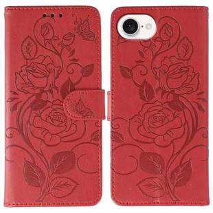For iPhone 16e Rose Butterfly Embossed Leather Phone Case(Red)