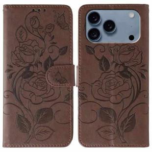For iPhone 17 Pro Max Rose Butterfly Embossed Leather Phone Case(Brown)