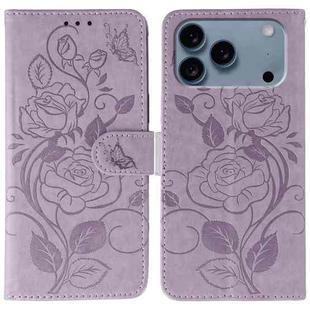 For iPhone 17 Pro Rose Butterfly Embossed Leather Phone Case(Purple)