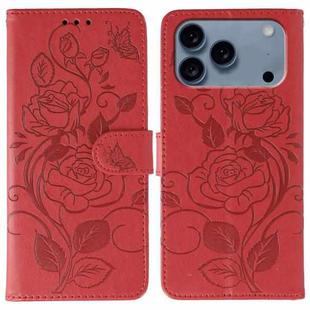 For iPhone 17 Pro Rose Butterfly Embossed Leather Phone Case(Red)