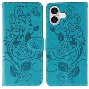 For iPhone 17 Rose Butterfly Embossed Leather Phone Case(Blue)