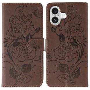 For iPhone 17 Rose Butterfly Embossed Leather Phone Case(Brown)