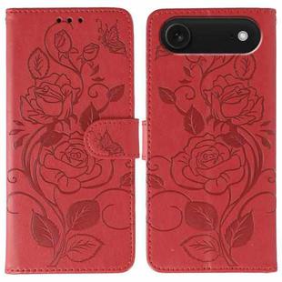 For iPhone 17 Air Rose Butterfly Embossed Leather Phone Case(Red)