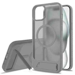 For iPhone 15 Plus Frosted Holder PC Hybrid TPU MagSafe Phone Case(Dark Grey)