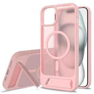 For iPhone 14 Plus Frosted Holder PC Hybrid TPU MagSafe Phone Case(Pink)