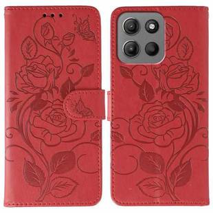 For Motorola Moto G15 Rose Butterfly Embossed Leather Phone Case(Red)