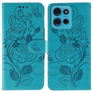 For Motorola Moto G75 5G Rose Butterfly Embossed Leather Phone Case(Blue)