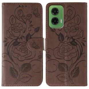 For Motorola Moto G35 Rose Butterfly Embossed Leather Phone Case(Brown)