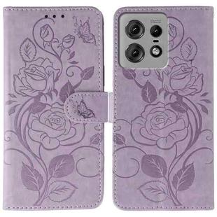 For Motorola Edge 50 Pro Rose Butterfly Embossed Leather Phone Case(Purple)