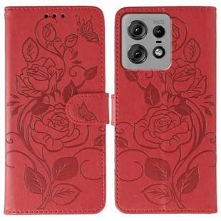 For Motorola Edge 50 Pro Rose Butterfly Embossed Leather Phone Case(Red)