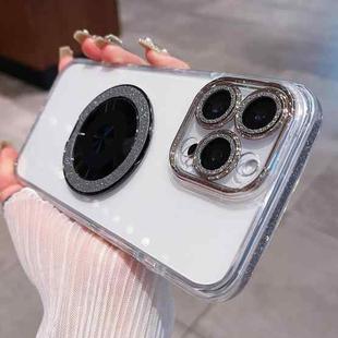 For iPhone 16 Pro Transparent Glitter CD Texture Rotating Holder Phone Case(Black)