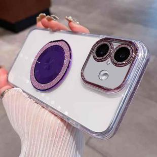 For iPhone 16 Transparent Glitter CD Texture Rotating Holder Phone Case(Purple)