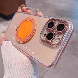 For iPhone 15 Pro Max Transparent Glitter CD Texture Rotating Holder Phone Case(Orange)