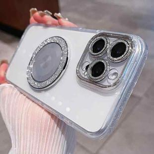 For iPhone 15 Pro Max Transparent Glitter CD Texture Rotating Holder Phone Case(Silver)