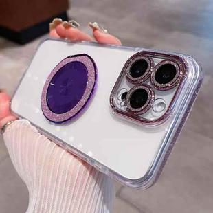 For iPhone 15 Pro Max Transparent Glitter CD Texture Rotating Holder Phone Case(Purple)