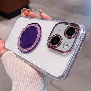 For iPhone 14 Transparent Glitter CD Texture Rotating Holder Phone Case(Purple)