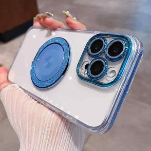 For iPhone 14 Pro Transparent Glitter CD Texture Rotating Holder Phone Case(Blue)
