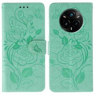 For Realme 14 Pro+ Rose Butterfly Embossed Leather Phone Case(Green)