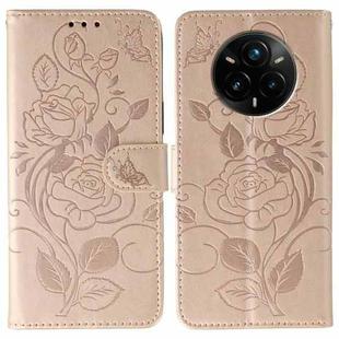 For Realme 14 Pro+ Rose Butterfly Embossed Leather Phone Case(Rose Gold)